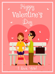 Happy Valentines Day greeting illustration. Office couple in the