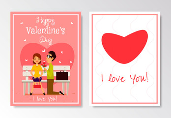 Happy Valentines Day greeting card template. Boy gives to his gi