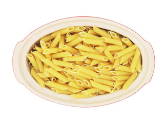 Organic raw penne pasta isolated on white