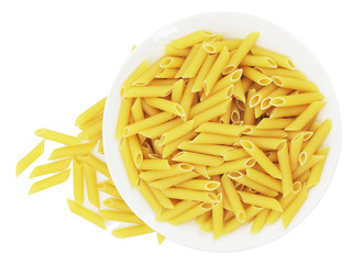 Organic raw penne pasta isolated on white