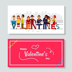 Valentine word illustrated with peoples. Young and old couples.