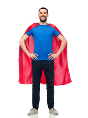 happy man in red superhero cape