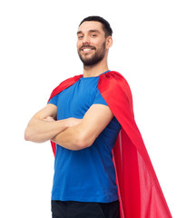 happy man in red superhero cape