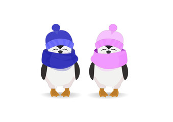 Penguin couple in hats on a light background