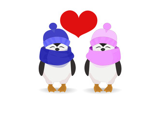 Penguin couple in hats and heart on a light background