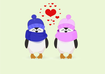 Penguin couple in hats and heart on a yellow background