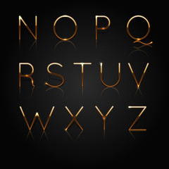 Golden alphabet. Set of golden letters isolated on black background. Vector Illustration