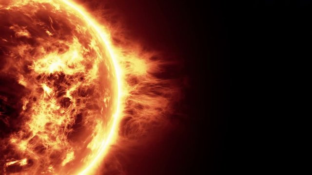 Sun surface with solar flares, Burning of the sun isolated on black. Highly realistic sun surface with space for your text or logo, full hd and 4k.