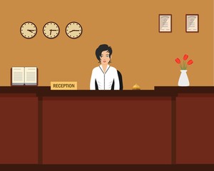 Hotel reception. Young woman receptionist stands at reception desk. There is a vase with red tulips also in the picture. Travel, hospitality, hotel booking concept. Vector illustration