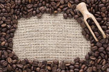 coffee beans with wooden scoop on canvas background