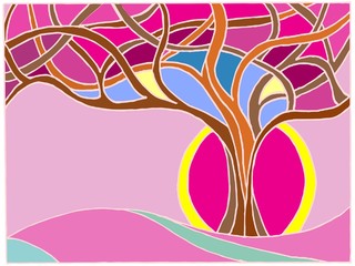 The magic tree of twigs stained glass doodle drawing