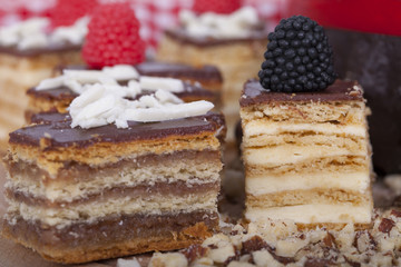 Tasty chocolate cake on a wooden base