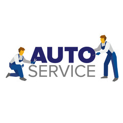 Vector logo template for autoservice, car repair or heavy industry. Two mechanics in blue uniform and title. Design element for poster or banner. Flat style illustration.