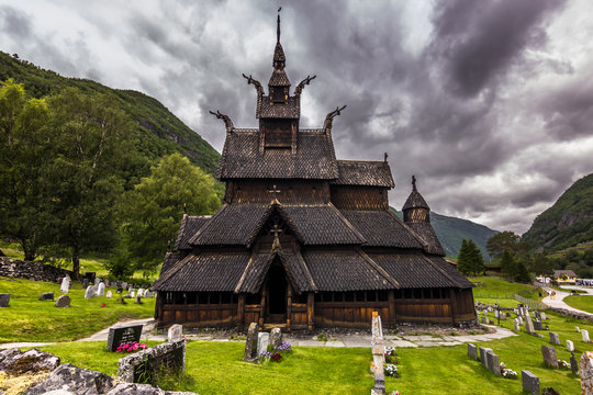 July 23, 2015: Sideview of the Stave Church of Borgund in Laerda