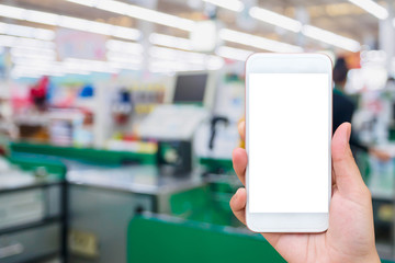 supermarket checkout cashier counter with hand hold mobile smart