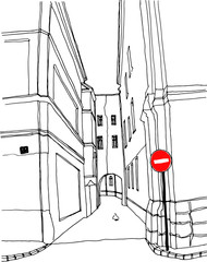 Vector graphics city streets. Building's facade. Sketch  illustr