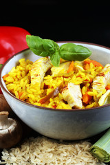 Homemade Chinese fried rice with vegetables, chicken and fried e