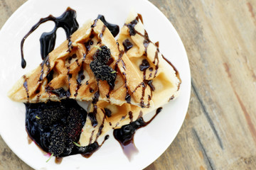 belgian waffles with chocolate and mulberry