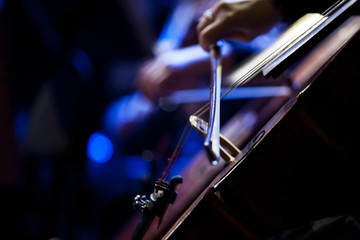 The bow on the strings of the cello closeup in dark colors 