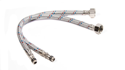 Hose flexible metal braid on a white background