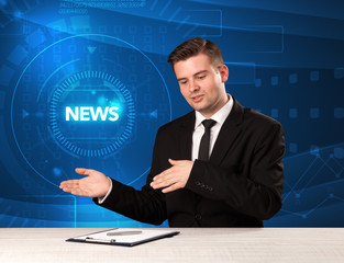 Modern televison presenter telling the news with tehnology backg