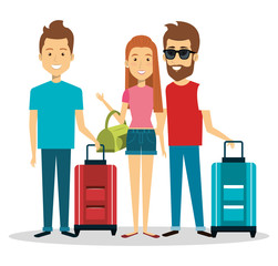 travelers group with suitcases avatars vector illustration design