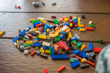 coloured plastic construction blocks or brick toy.(Selective focus)