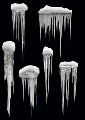  Different icicles on a black background - obrazy, fototapety, plakaty