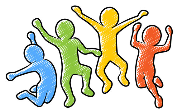 Farbige Strichm&auml;nnchen beim Freudensprung / Vektor, schraffiert, freigestellt