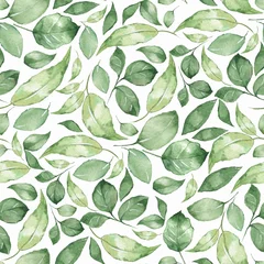 Fototapete Aquarellblätter Nahtloses Muster mit schönen grünen Aquarellblättern 4
