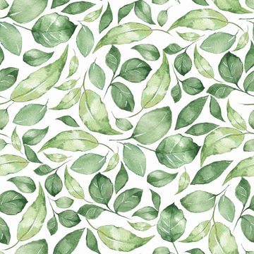 Seamless pattern with beautiful green watercolor leaves 4