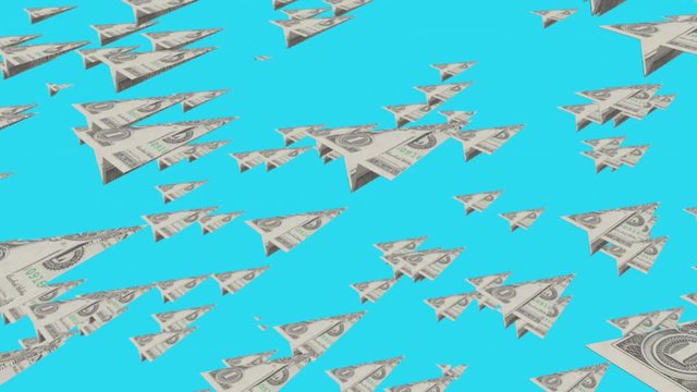 Many paper Airplanes made by dollars flying over blue sky, business and success concept background, full hd and 4k.