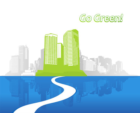 Go Green illustration with green skyscrapers and blue water at f