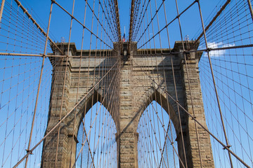 Symmetry of Brooklyn bridge and cable with blue sky, New York