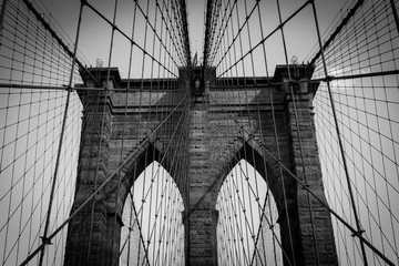 the close-up view of Brooklyn bridge in black and white style