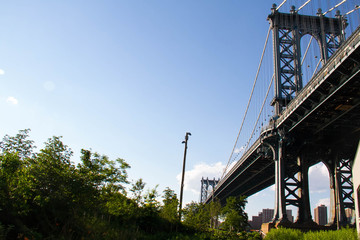 Manhattan bridge and the park with blue sky, Brooklyn, New York