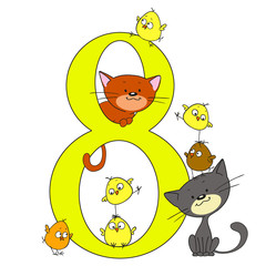 Number eight. Date for congratulations. Birds and animals with numbers. Kitten and chickens. Vector cartoon doodle.