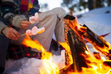 Boy and girl roasting marshmallows by the fire in the winter forest