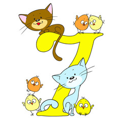 Number seven. Date for congratulations. Birds and animals figures. Cute kitten and chickens. Vector Cartoon doodle.