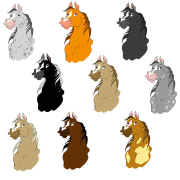 Collection of cartoon horses. Suits horses. Horse head vector isolated.