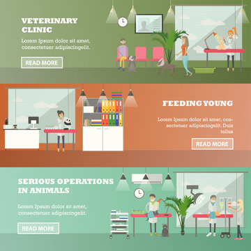 Vector set of veterinary care concept horizontal banners, flat style.