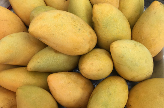 Background with yellow mangoes closeup.