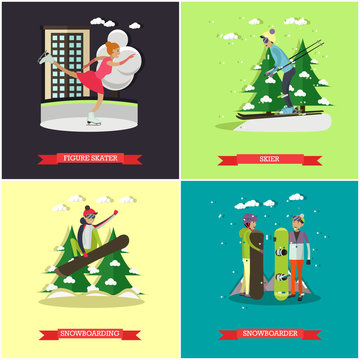 Vector set of winter sports concept posters, banners, flat style