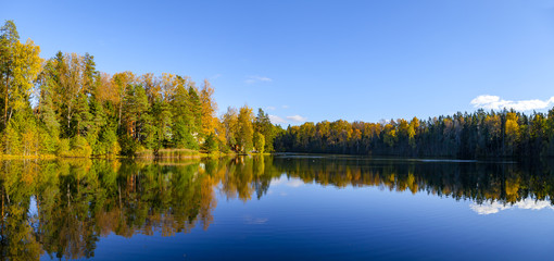 Autumn forest reflection in pond, Aegviidu, Estonia