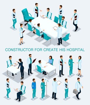 Business people isometric set to create his illustrations consultation in the hospital, doctors, nurses, surgeons 3D medical staff isolated on a light background