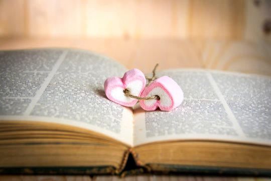 two heart shape marshmallow pink  on book for valentines day con