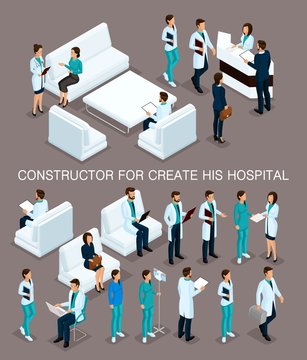 Business people isometric set to create his illustrations, hospitals, doctors, patients, reception, Nurse 3D medical staff isolated on a dark background