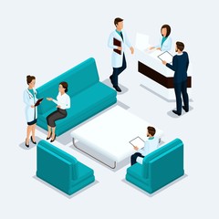 Set Isometric health care providers, surgeons, nurse, doctor, patients reception in hospital isolated on a light background
