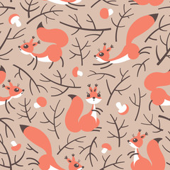 Fototapeta na wymiar Little cute squirrels in the fall forest. Seamless autumn pattern for gift wrapping, wallpaper, childrens room or clothing.