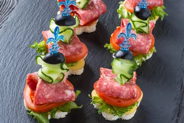 Keuken spatwand met foto Canape on skewers with vegetables and sausage © 13smile
